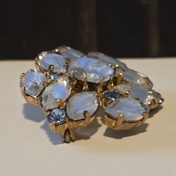 Vtg Signed West Germany Floral Cluster Marquise-Cut Round Stone Icy Blue Brooch - Picture 4 of 5